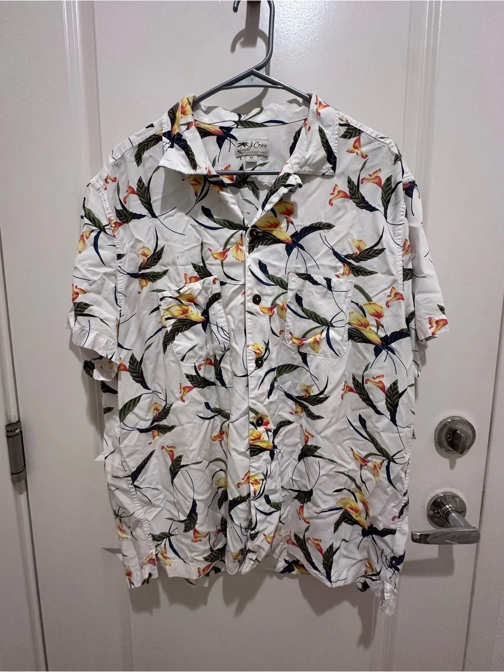 J. Crew White Short-Sleeve Button-Up Shirt with Yellow Floral Print